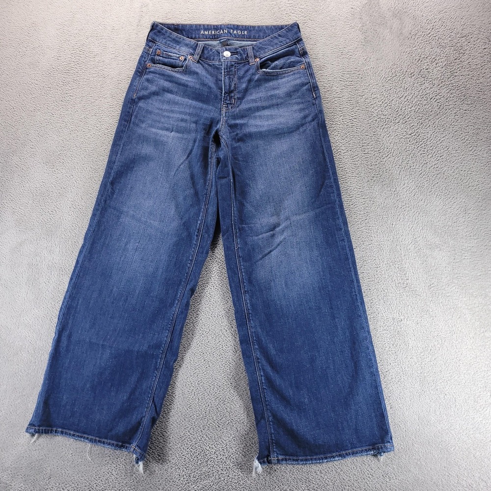 American Eagle Jeans Womens 6 Blue Low Rise Baggy Wide Leg Raw Hem Stretch